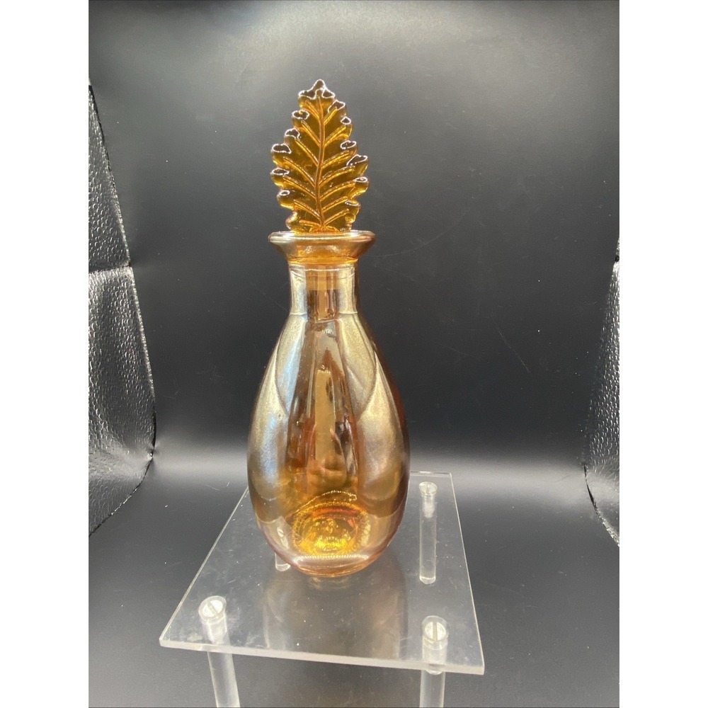 VTG Rose CARNIVAL GLASS MOON WATER Aurora Perfume BOTTLE with‎ Leaf Stopper 6.5"